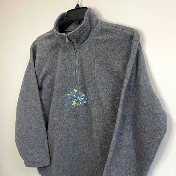 Womens Floral Embroidered Quarter Zip Fleece Sweatshirt Basic Editions Gray L - Picture 3 of 5